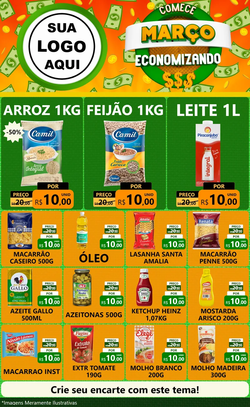 Modelo de Encarte para Encarte Grande com o tema Comece Março Economizando para Supermercado