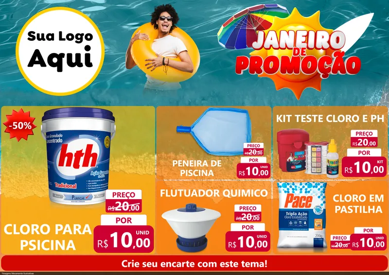 Modelo de Encarte para Encarte A4 Horizontal com o tema Janeiro de Promoção para Produtos para Piscina