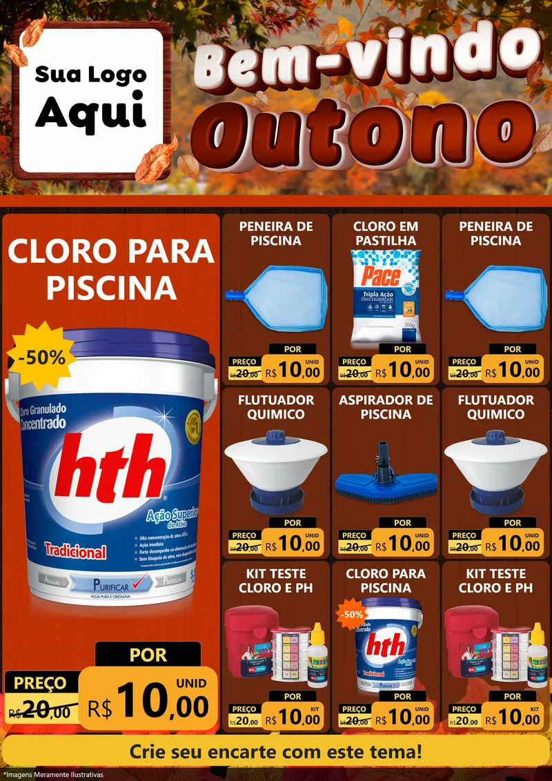 Modelo de Encarte para Encarte A4 Vertical com o tema Bem-vindo Outono para Produtos para Piscina