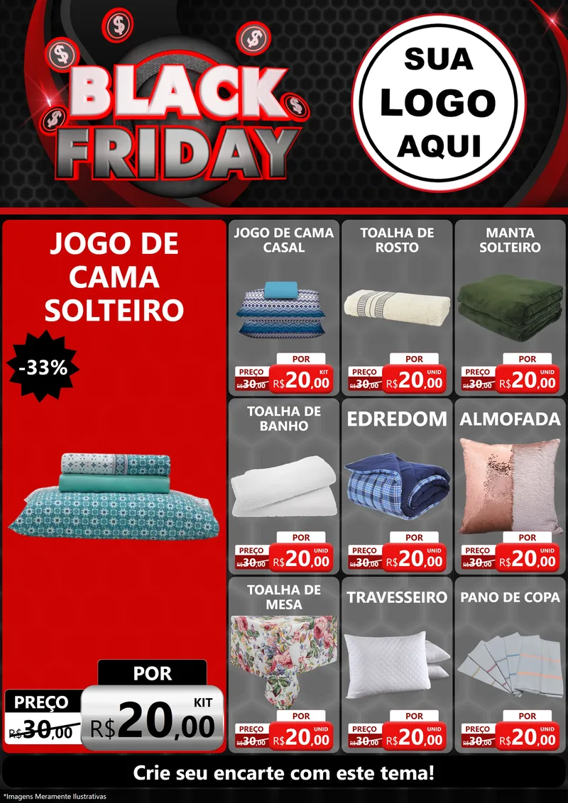 Modelo de Encarte para Encarte A4 Vertical com o tema Black Friday para Cama, Mesa e Banho