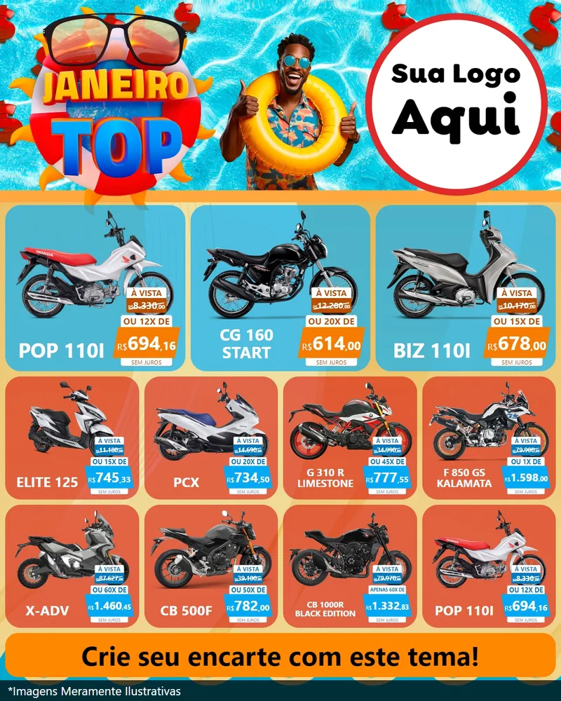 Modelo de Rede Social para Feed Instagram com o tema Janeiro Top para Concessionaria de Motos