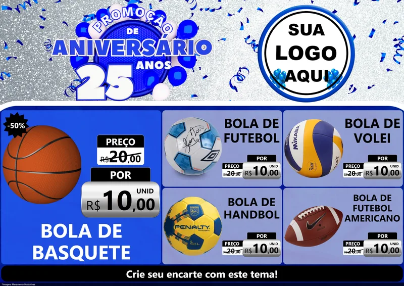 Modelo de Encarte para Encarte A4 Horizontal com o tema Promoção de Aniversário - 25 Anos para Artigos Esportivos