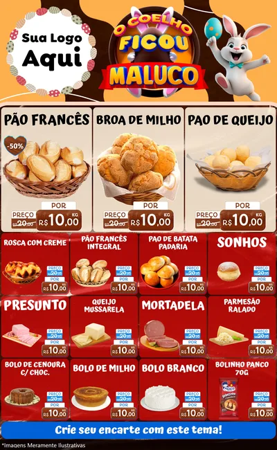 Modelo de Encarte para Encarte Grande com o tema O Coelho Ficou Maluco - Páscoa para Padaria