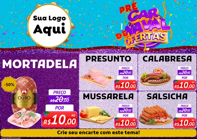 Modelo de Encarte para Encarte A4 Horizontal com o tema Pré Carnaval de Ofertas para Frios e Laticínios
