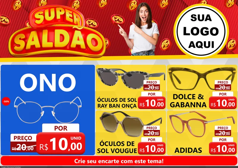 Modelo de Encarte para Encarte A4 Horizontal com o tema Super Saldão para Óticas