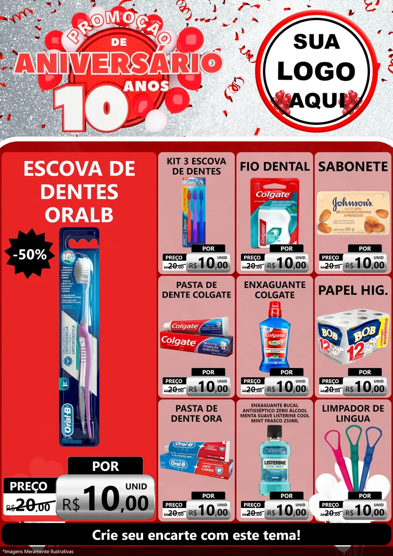 Modelo de Encarte para Encarte A4 Vertical com o tema Promoção de Aniversário - 10 Anos para Higiene Pessoal