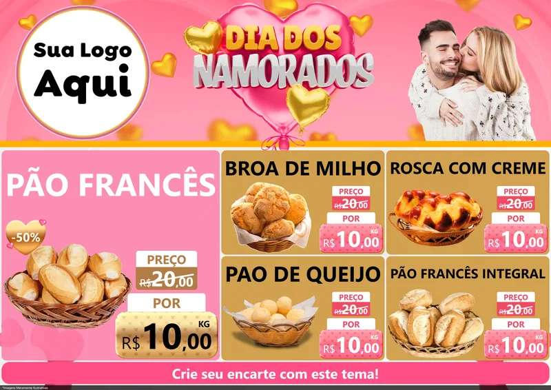 Modelo de Encarte para Encarte A4 Horizontal com o tema Dia dos Namorados para Padaria