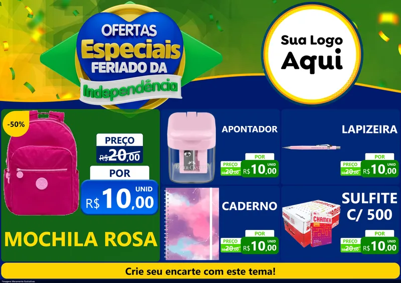 Modelo de Encarte para Encarte A4 Horizontal com o tema Ofertas Especiais Feriado da Independência para Papelaria