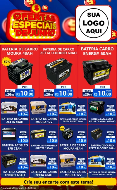 Modelo de Encarte para Encarte Grande com o tema Ofertas Especiais de Junho para Baterias Elétricas