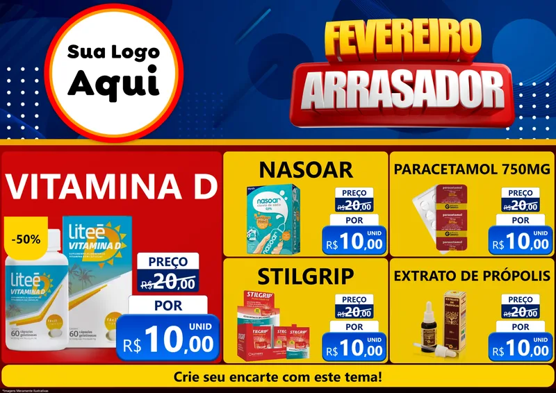 Modelo de Encarte para Encarte A4 Horizontal com o tema Fevereiro Arrasador para Farmácia