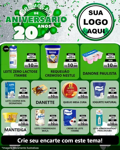 Modelo de Rede Social para Feed Instagram com o tema Promoção de Aniversário - 20 Anos para Frios e Laticínios