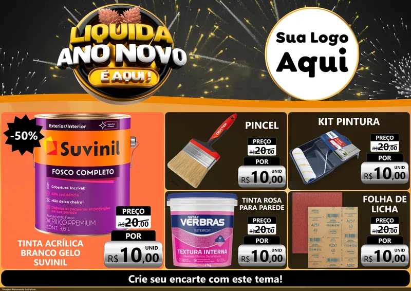 Modelo de Encarte para Encarte A4 Horizontal com o tema Liquida Ano Novo É Aqui! para Tintas e Ferramentas
