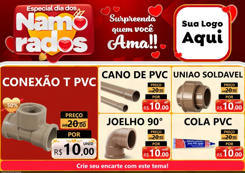 Modelo de Encarte para Encarte A4 Horizontal com o tema Especial Dia dos Namorados para Tubos e conexões