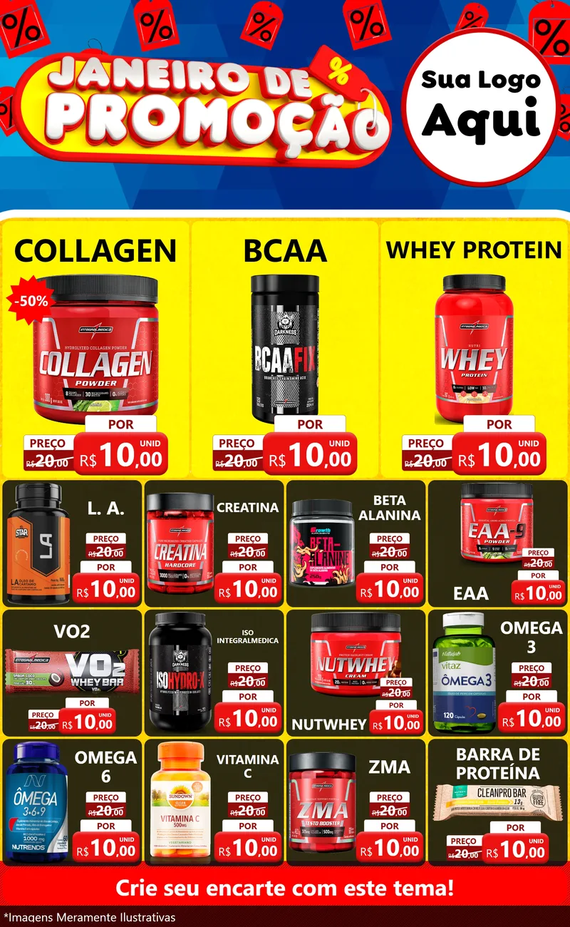 Modelo de Encarte para Encarte Grande com o tema Janeiro de Promoção para Suplementos alimentares