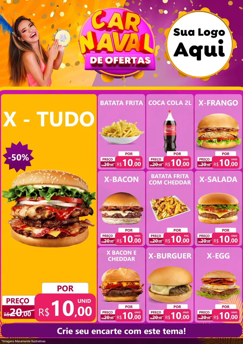 Modelo de Encarte para Encarte A4 Vertical com o tema Carnaval de Ofertas para Hamburgueria