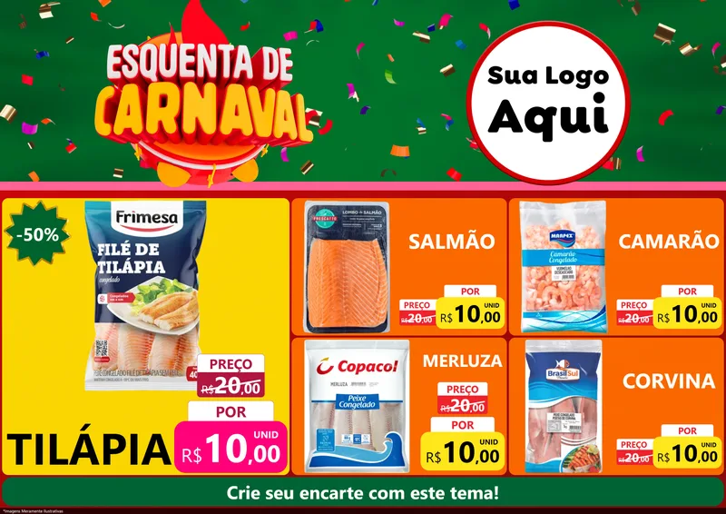 Modelo de Encarte para Encarte A4 Horizontal com o tema Esquenta de Carnaval para Peixaria