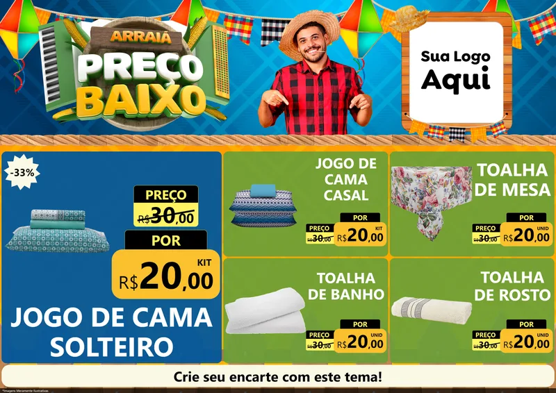 Modelo de Encarte para Encarte A4 Horizontal com o tema Arraiá de Preço Baixo - Junina para Cama, Mesa e Banho