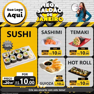 Modelo de Rede Social para Feed Facebook com o tema Mega Saldão de Janeiro para Comida japonesa