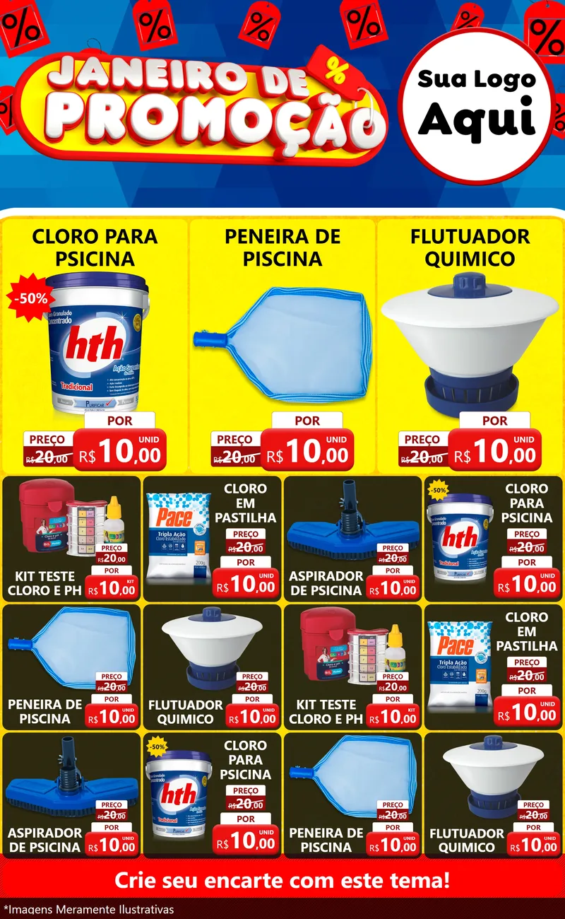 Modelo de Encarte para Encarte Grande com o tema Janeiro de Promoção para Produtos para Piscina