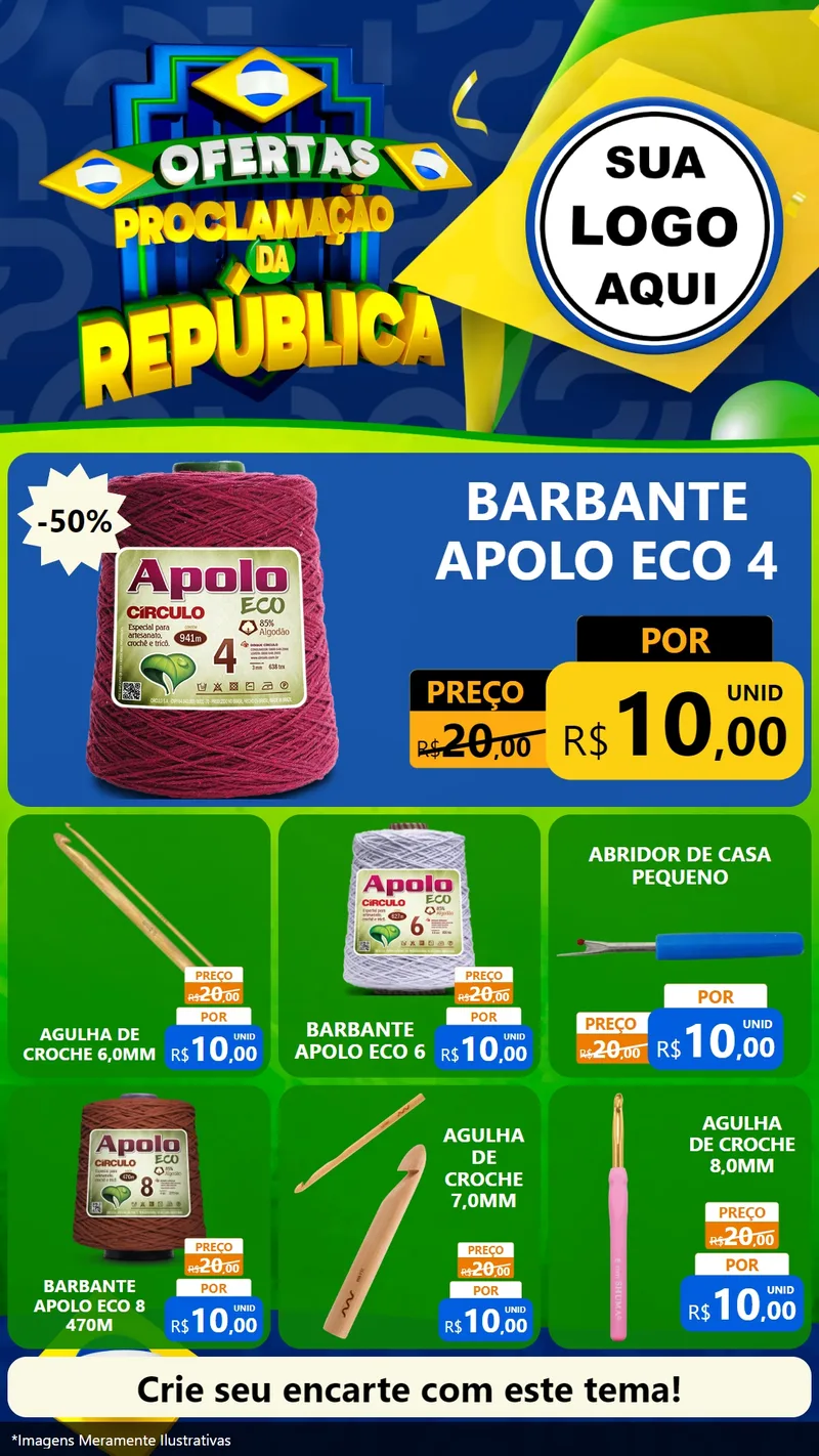Modelo de Rede Social para Stories com o tema Ofertas Proclamação da República para Armarinho e Aviamentos