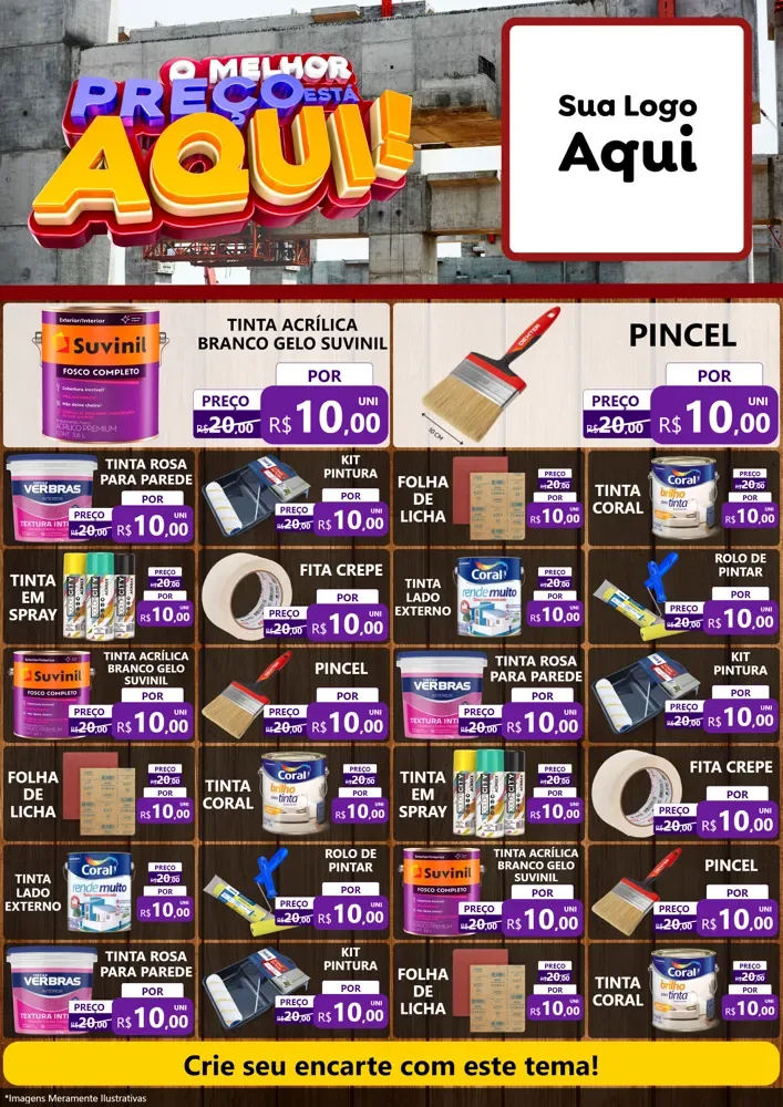 Modelo de Encarte para Encarte A4 Vertical com o tema O Melhor Preço Está Aqui - Construção para Tintas e Ferramentas