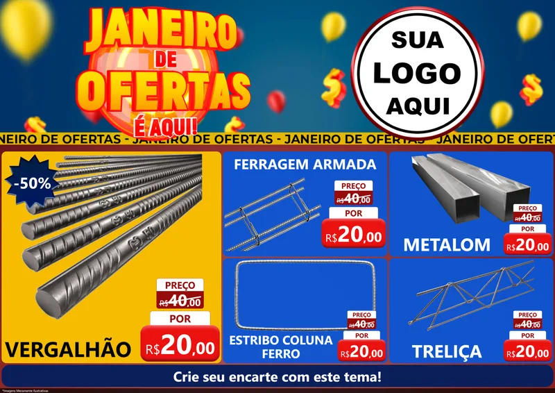 Modelo de Encarte para Encarte A4 Horizontal com o tema Janeiro de Ofertas É Aqui! para Ferragens