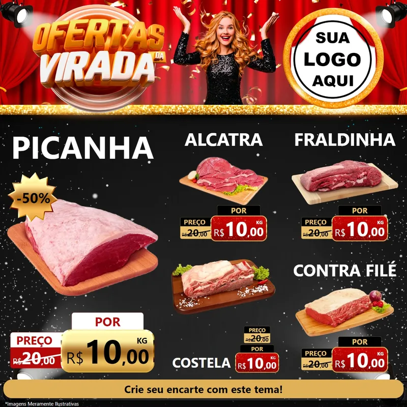 Modelo de Rede Social para Feed Facebook com o tema Ofertas da Virada para Açougue