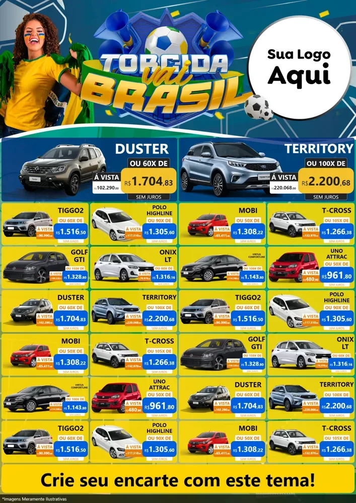Modelo de Encarte para Encarte A4 Vertical com o tema Torcida Vai Brasil - Copa para Concessionaria de Carros