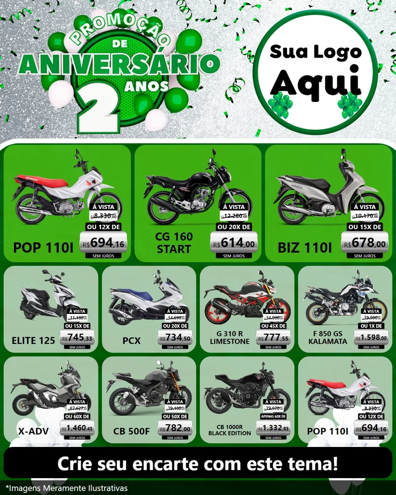 Modelo de Rede Social para Feed Instagram com o tema Promoção de Aniversário - 2 Anos para Concessionaria de Motos