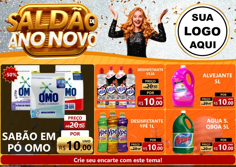 Modelo de Encarte para Encarte A4 Horizontal com o tema Saldão de Ano Novo para Produtos de Limpeza