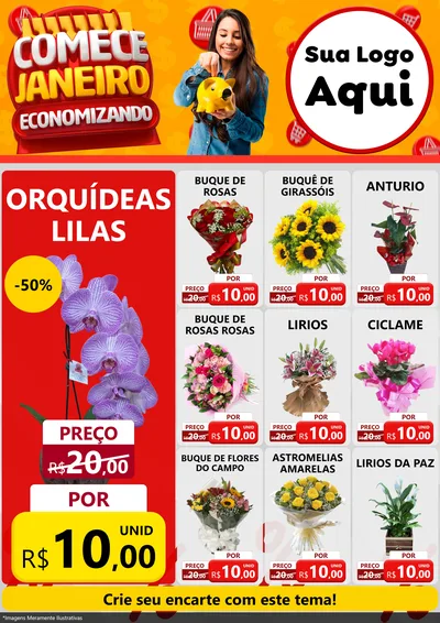 Modelo de Encarte para Encarte A4 Vertical com o tema Comece Janeiro Economizando para Floricultura e jardim