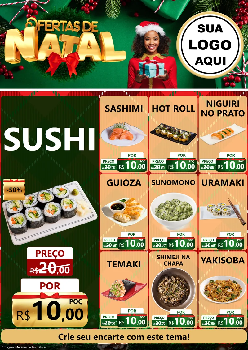 Modelo de Encarte para Encarte A4 Vertical com o tema Ofertas de Natal para Comida japonesa