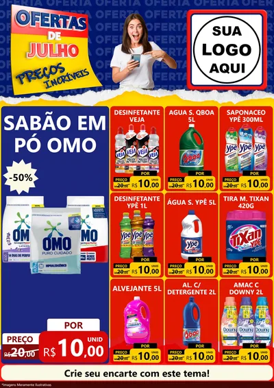 Modelo de Encarte para Encarte A4 Vertical com o tema Ofertas de Julho - Preços Incríveis para Produtos de Limpeza