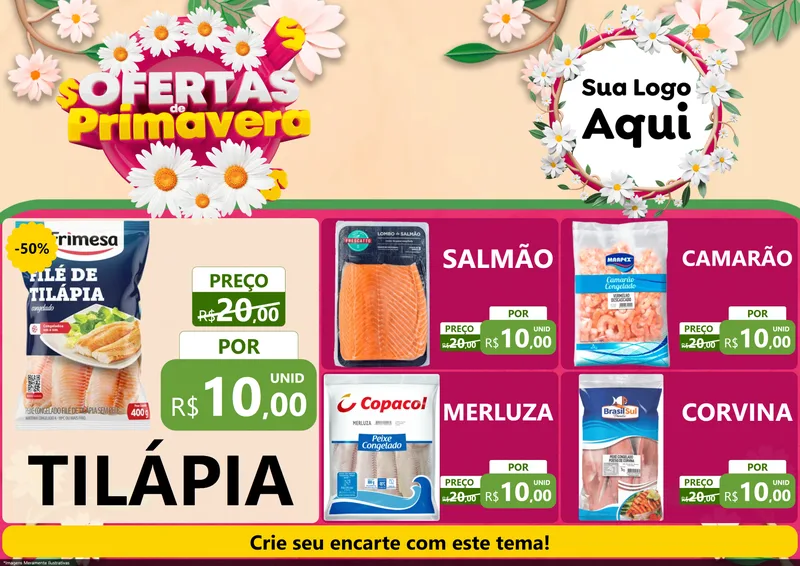 Modelo de Encarte para Encarte A4 Horizontal com o tema Ofertas de Primavera para Peixaria