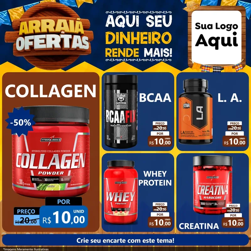 Modelo de Rede Social para Feed Facebook com o tema Arraiá de Ofertas - Junina para Suplementos alimentares