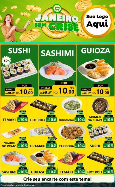 Modelo de Encarte para Encarte Grande com o tema Janeiro Sem Crise para Comida japonesa