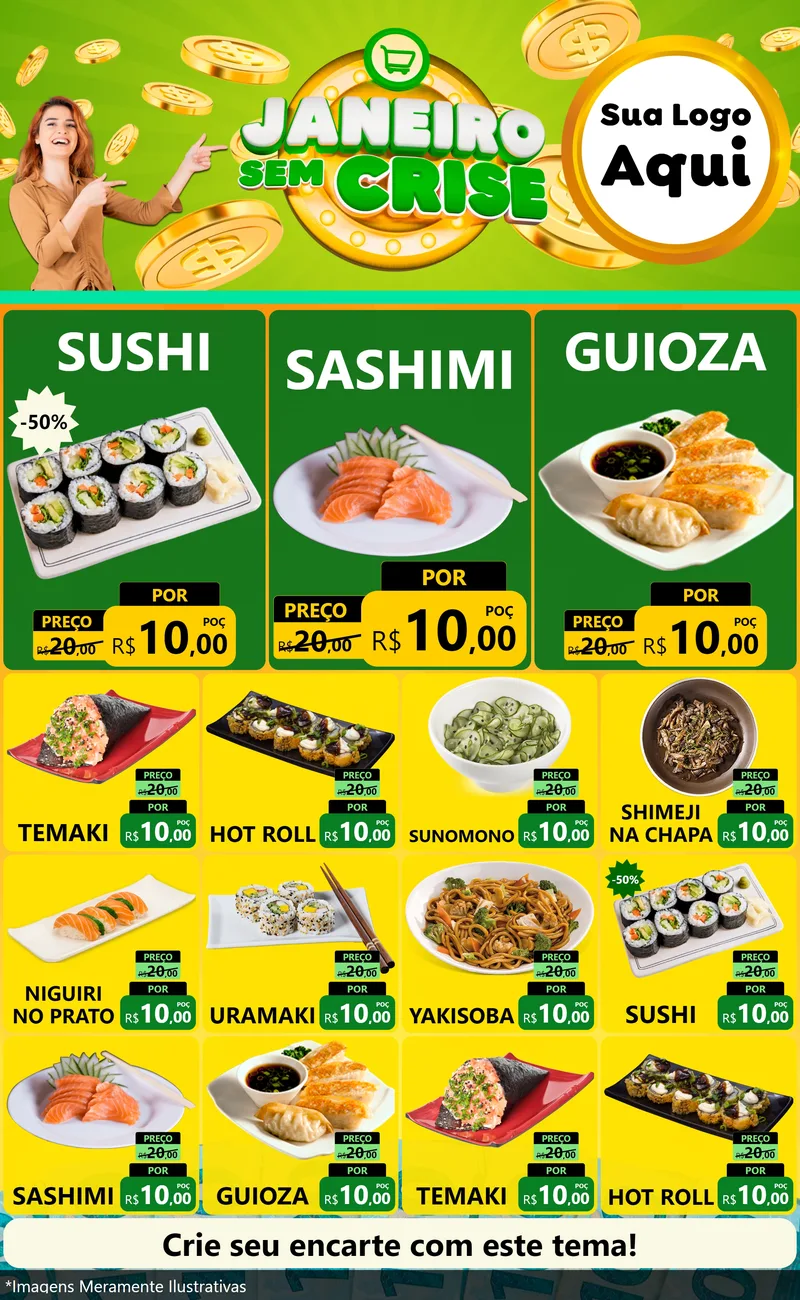 Modelo de Encarte para Encarte Grande com o tema Janeiro Sem Crise para Comida japonesa