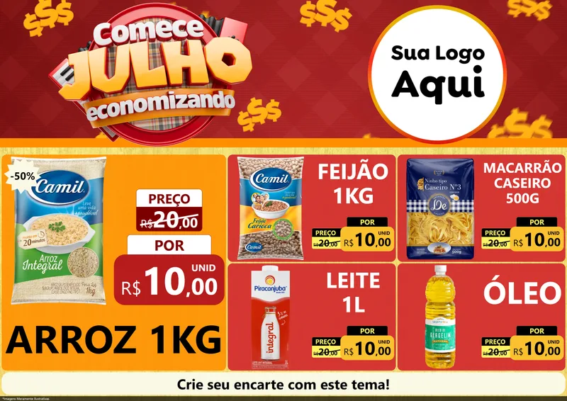 Modelo de Encarte para Encarte A4 Horizontal com o tema Comece Julho Economizando para Supermercado