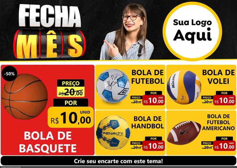 Modelo de Encarte para Encarte A4 Horizontal com o tema Fecha Mês para Artigos Esportivos