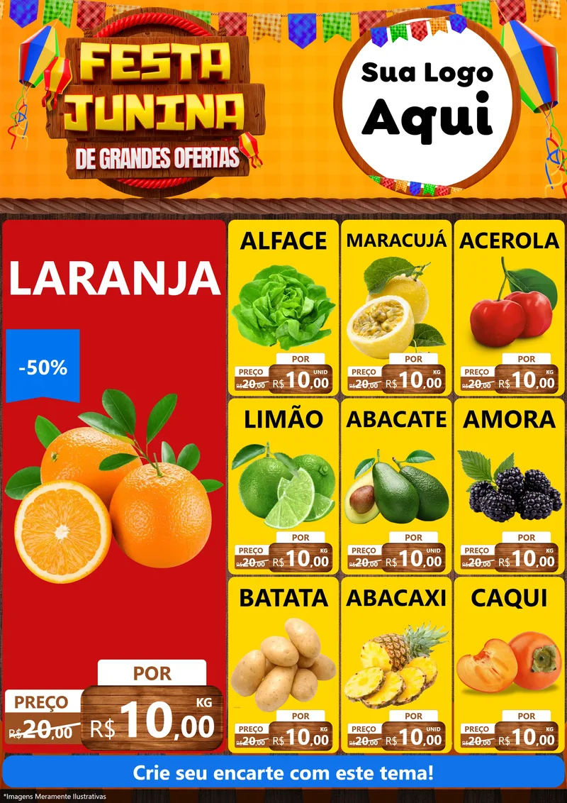 Modelo de Encarte para Encarte A4 Vertical com o tema Festa Junina de Grandes Ofertas para Hortifrúti