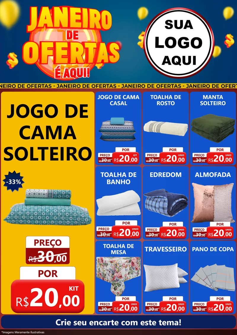 Modelo de Encarte para Encarte A4 Vertical com o tema Janeiro de Ofertas É Aqui! para Cama, Mesa e Banho