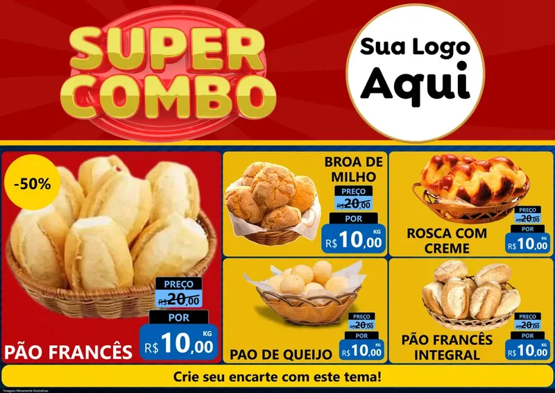 Modelo de Encarte para Encarte A4 Horizontal com o tema Super Combo para Padaria