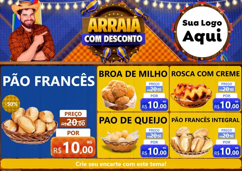 Modelo de Encarte para Encarte A4 Horizontal com o tema Arraiá Com Desconto para Padaria