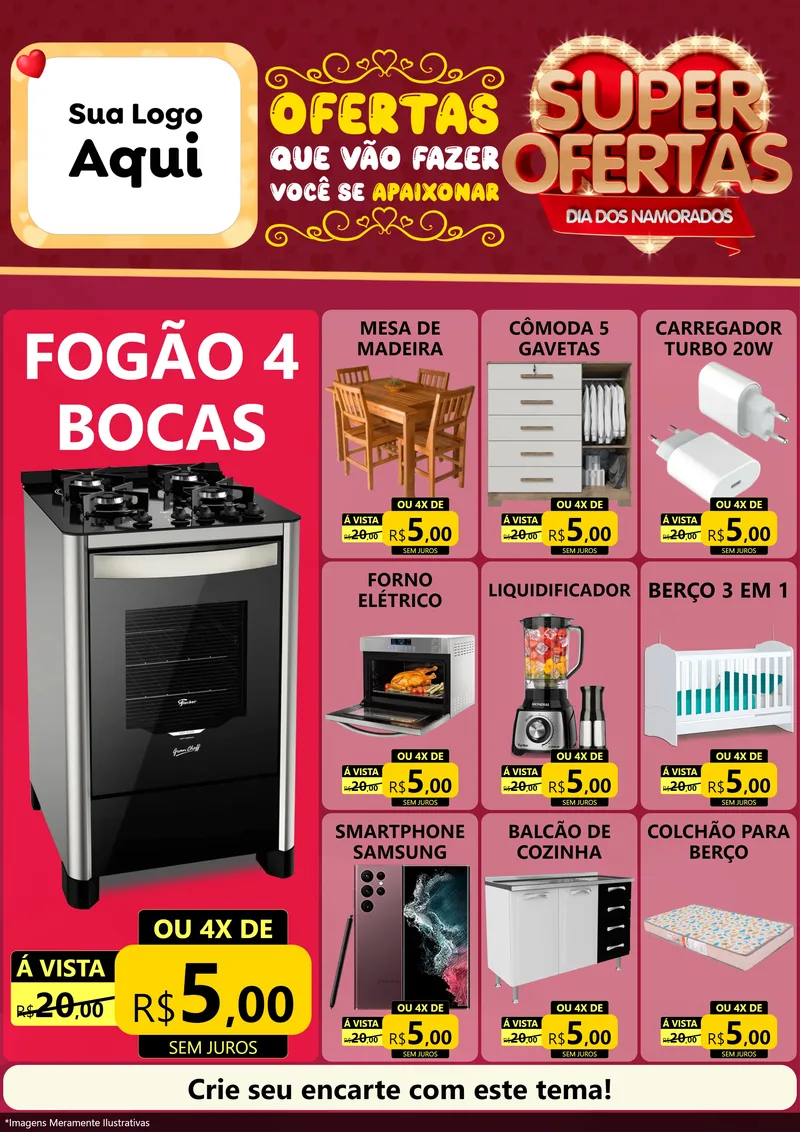 Modelo de Encarte para Encarte A4 Vertical com o tema Dia dos Namorados para Móveis e Eletro