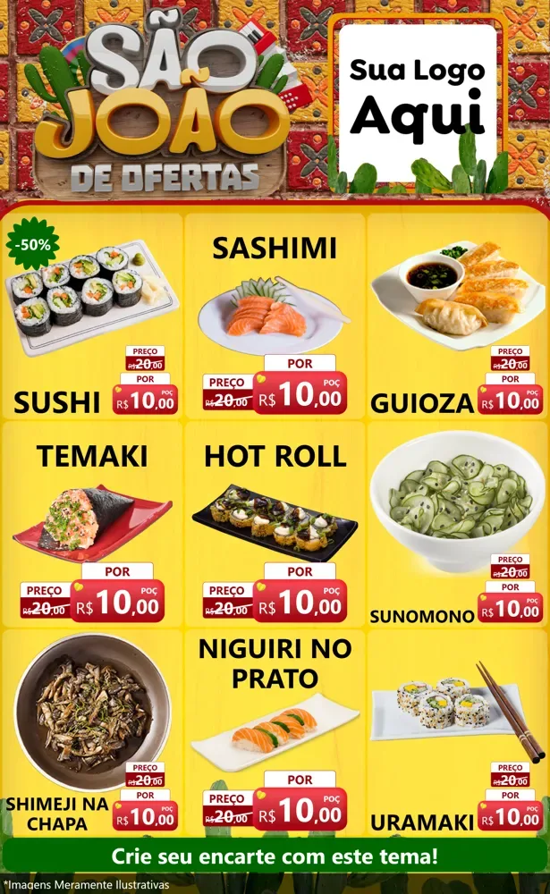Modelo de Encarte para Encarte Grande com o tema São João de Muitas Ofertas - Junina para Comida japonesa