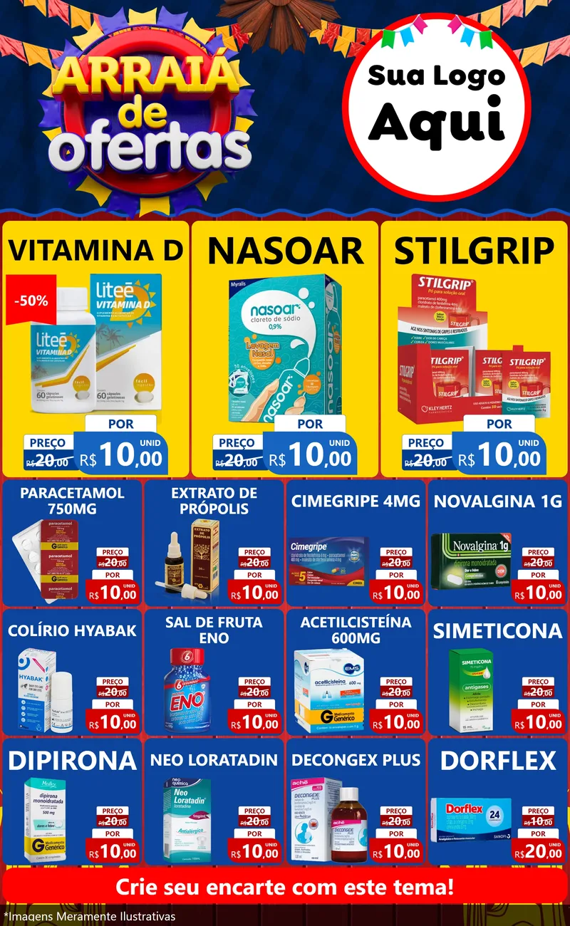 Modelo de Encarte para Encarte Grande com o tema Arraiá de Ofertas para Farmácia