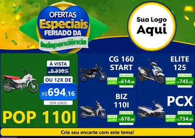 Modelo de Encarte para Encarte A4 Horizontal com o tema Ofertas Especiais Feriado da Independência para Concessionaria de Motos