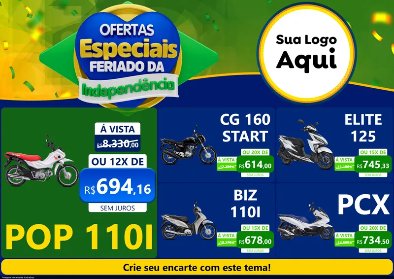 Modelo de Encarte para Encarte A4 Horizontal com o tema Ofertas Especiais Feriado da Independência para Concessionaria de Motos