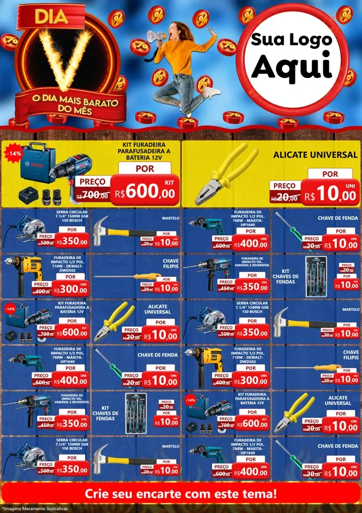 Modelo de Encarte para Encarte A4 Vertical com o tema Dia V - O Dia Mais Barato Do Mês para Maquinas e Ferramentas