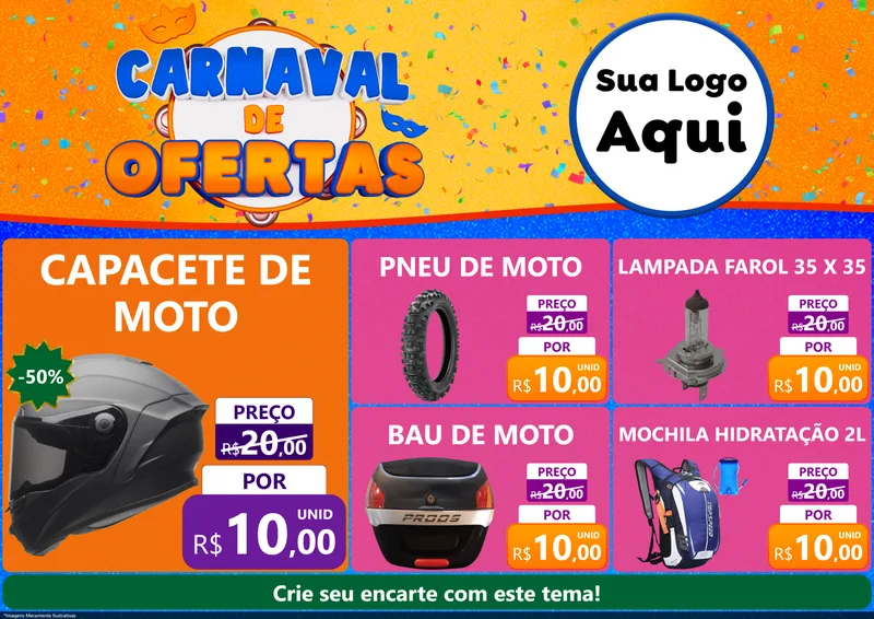 Modelo de Encarte para Encarte A4 Horizontal com o tema Carnaval de Ofertas para Moto peças